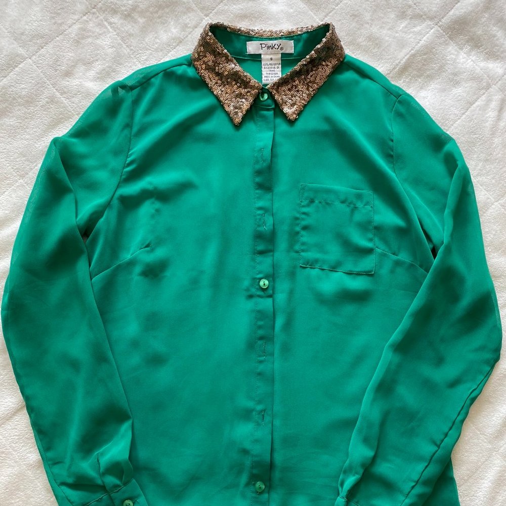 Sequin-Embellished Collared Sheer Button Down